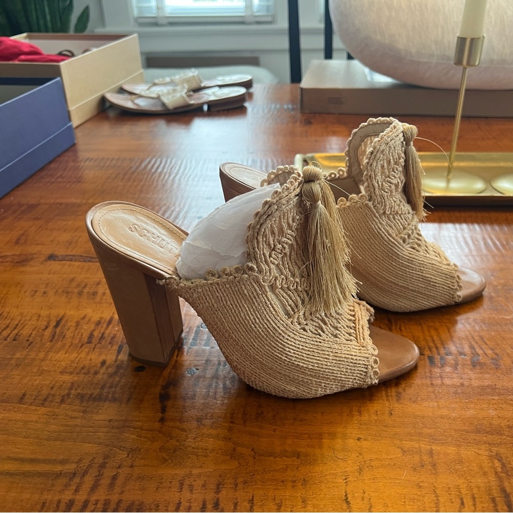 Schutz Novoli Raffia High Block Heel Slide Sandals